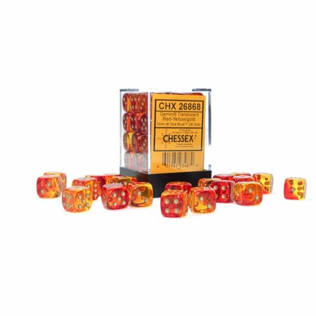 TIME2PLAY 12 mm Gemini D6 Translucent Cube, Red, Yellow & Gold, 36PK TI3298402